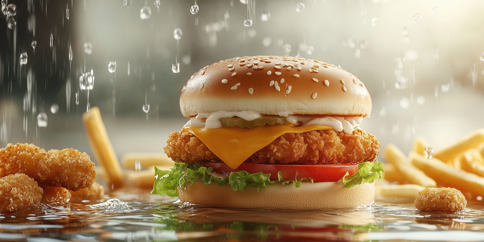 Juicy chicken sandwich with melted cheese and crispy fries served during a rainy day in a fast food restaurant